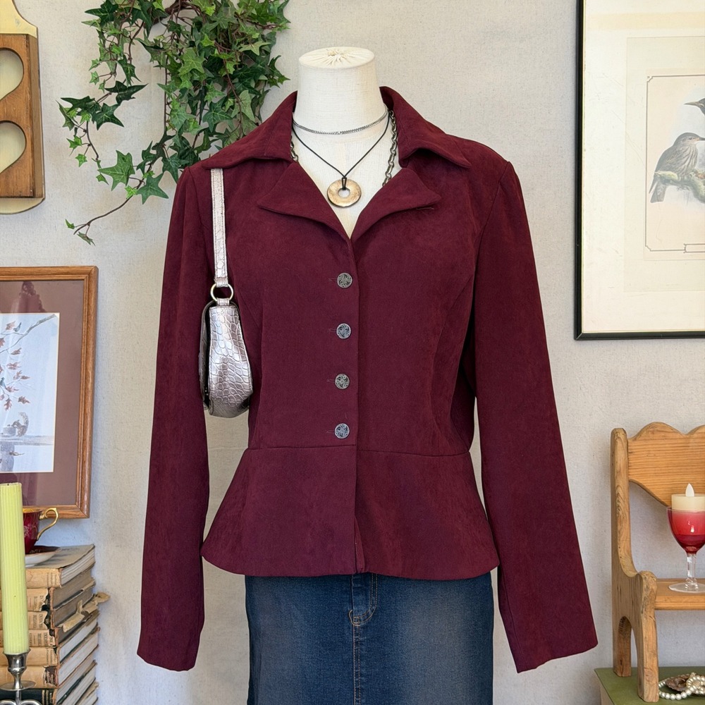 Burgundy Faux Micro Suede Whimsygoth Jacket L Layering 90s Dark Romantic